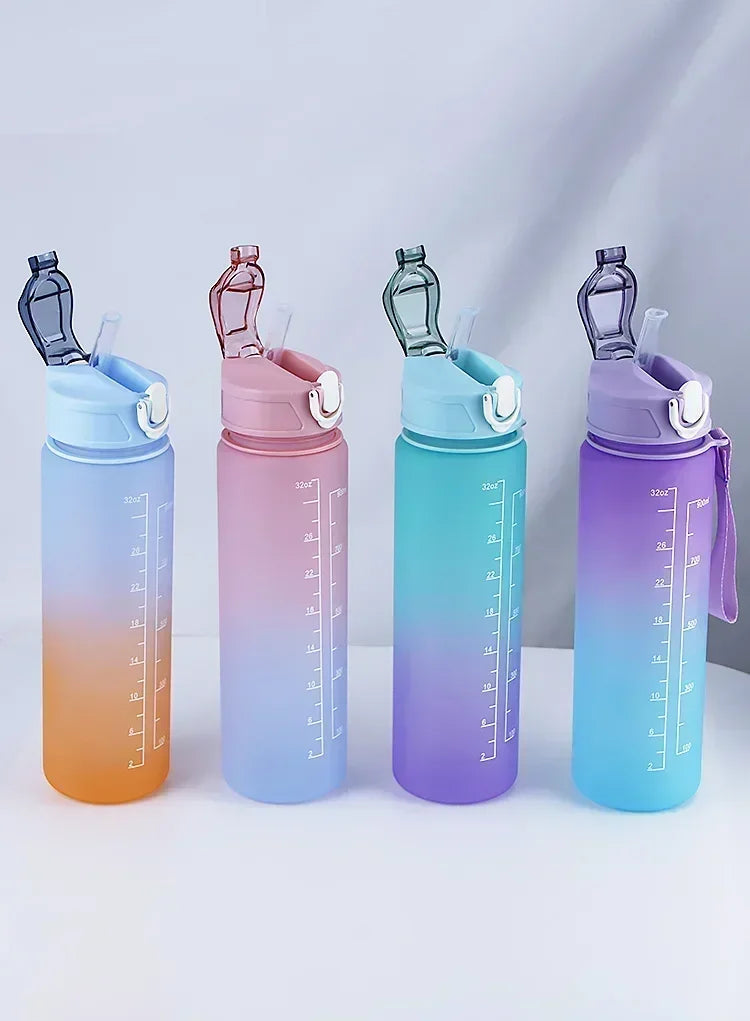 Sports Water Bottle High Temperature Resistant Graduated Straw Cup Rainbow Frosted Progressive Color Water Cup Plastic Cup