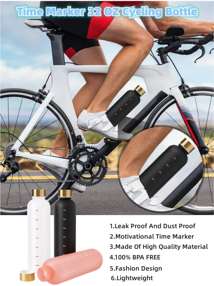 1000ML Bottle With Time Marker Motivational Reusable Fitness Sports Outdoors Travel Cycling Leakproof BPA Free Frosted Bottle