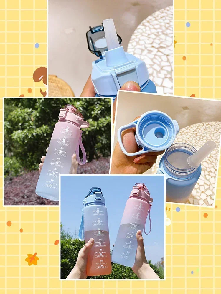 Sports Water Bottle High Temperature Resistant Graduated Straw Cup Rainbow Frosted Progressive Color Water Cup Plastic Cup