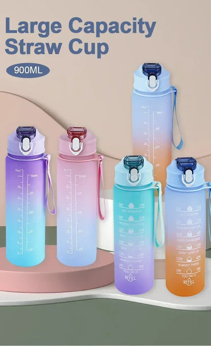 Sports Water Bottle High Temperature Resistant Graduated Straw Cup Rainbow Frosted Progressive Color Water Cup Plastic Cup