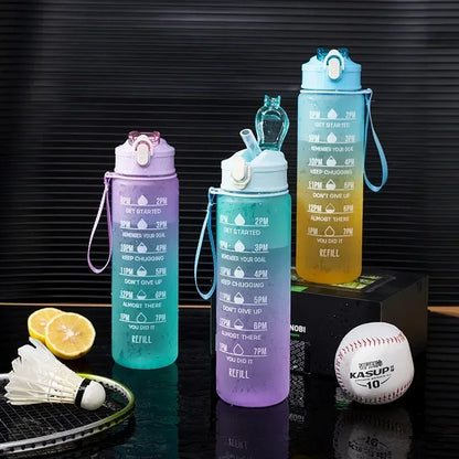 Sports Water Bottle High Temperature Resistant Graduated Straw Cup Rainbow Frosted Progressive Color Water Cup Plastic Cup