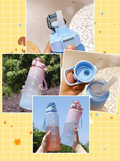 Sports Water Bottle High Temperature Resistant Graduated Straw Cup Rainbow Frosted Progressive Color Water Cup Plastic Cup