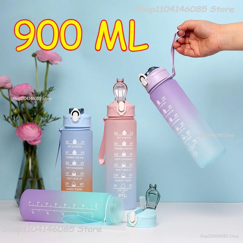 Sports Water Bottle High Temperature Resistant Graduated Straw Cup Rainbow Frosted Progressive Color Water Cup Plastic Cup